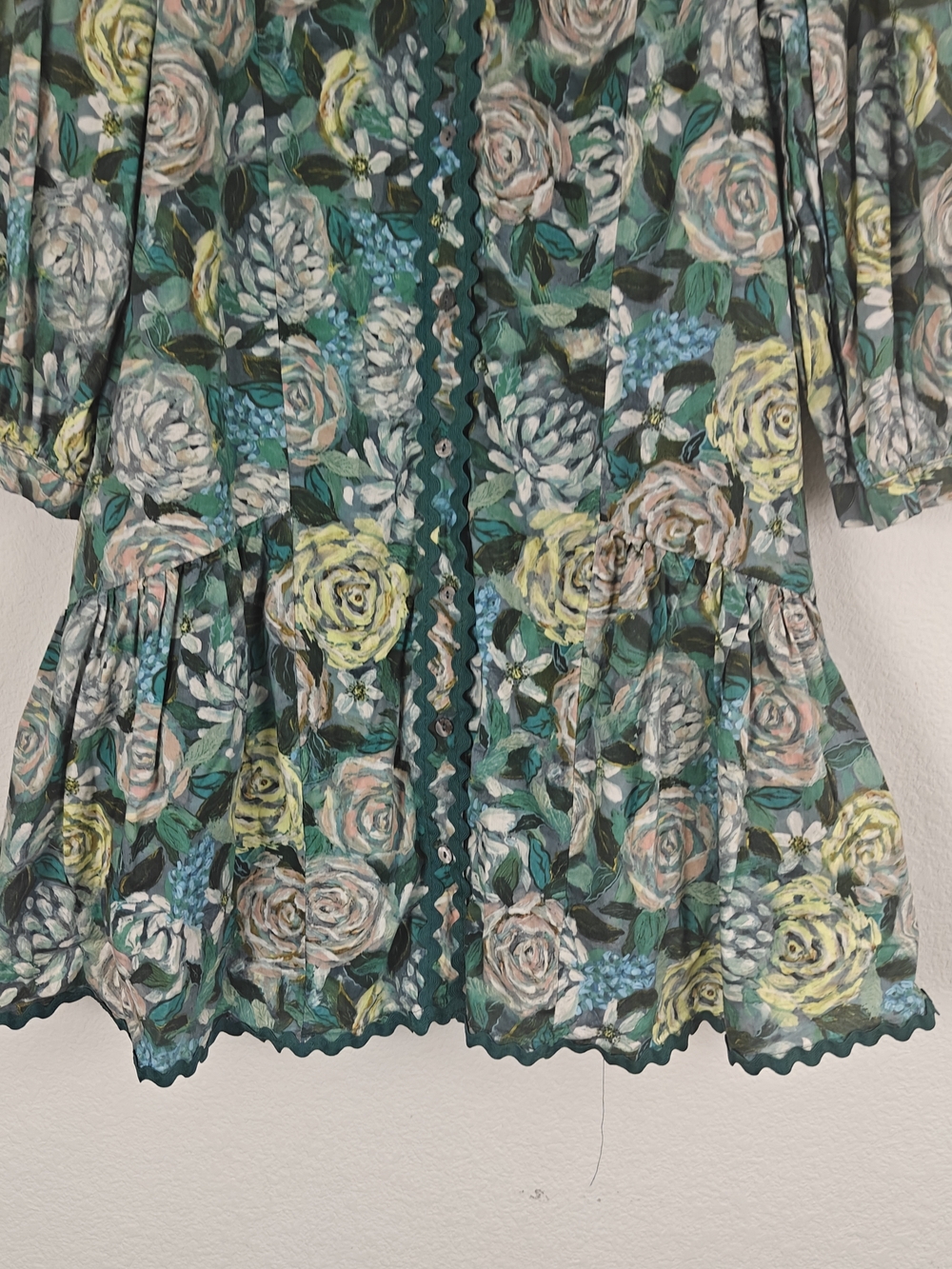 Cottagecore Green Floral Cotton Drop Waist Mini Dress Romantic Prairie Sz LG - Picture 8 of 16
